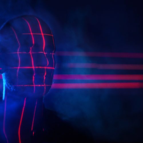 Concept Identify Illuminate Face Scan Red Laser. Biometric Futuristic Facial Recognition Scanning.