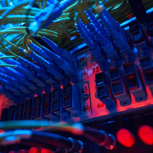 Network switch of server cabinet with cables